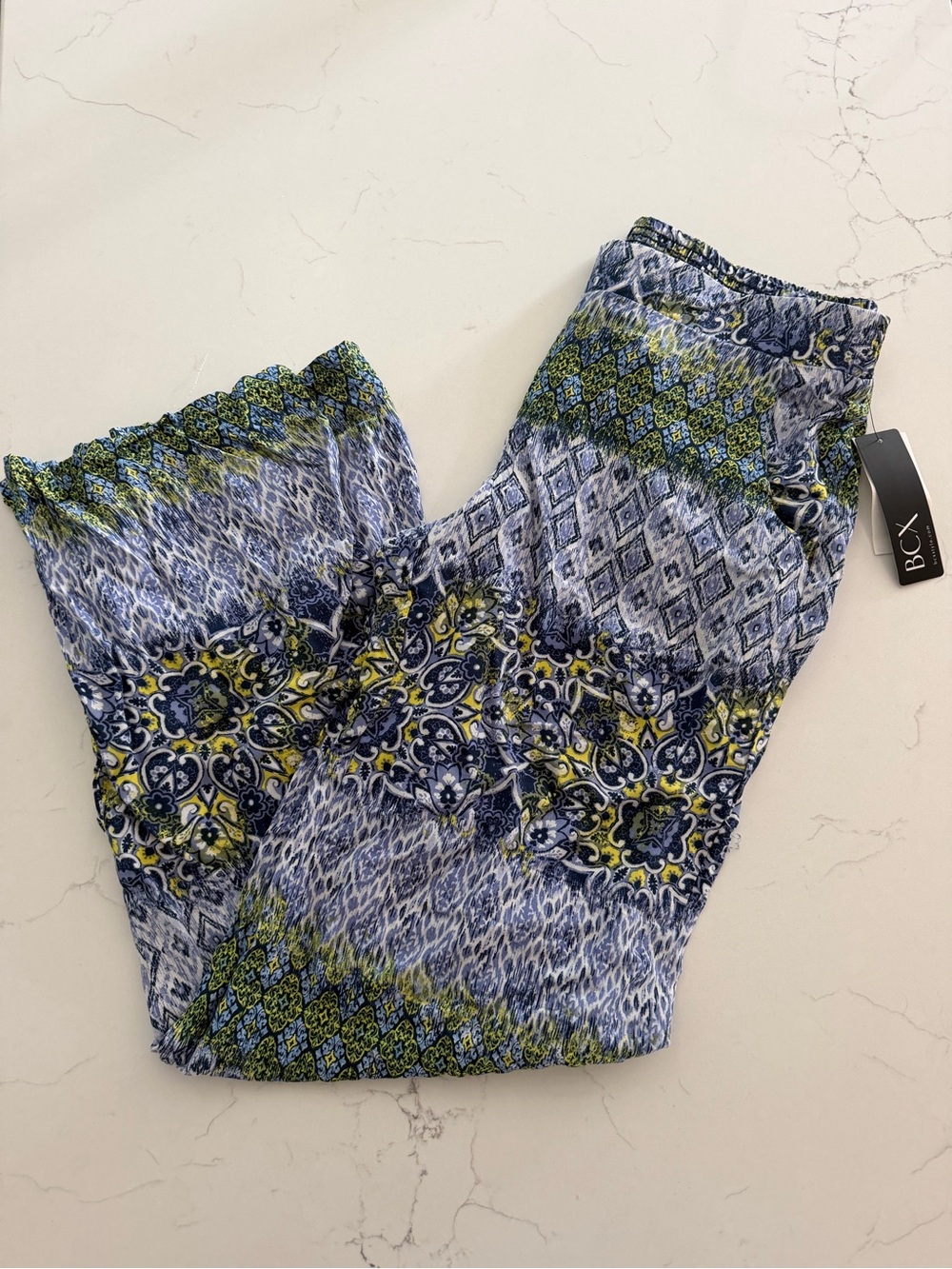 BCX Blue/Green/Yellow Printed Elastic Waist Flowy Pants - Size Medium NEW
